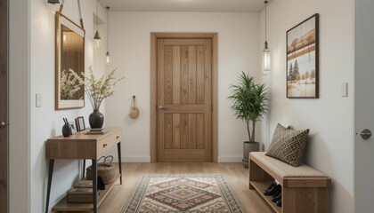 Stylish modern wooden entryway hallway decor with a warm wooden tone, modern house with desk, stand, and shoe bench