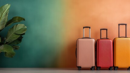 Three stylish pieces of luggage in soft hues are lined up against a vibrant gradient wall, evoking feelings of adventure and travel in a chic setting.