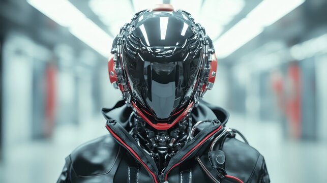 A close-up view of a futuristic armored figure with an sleek helmet and high-tech details, set in a modern environment that evokes themes of innovation and advanced technology.