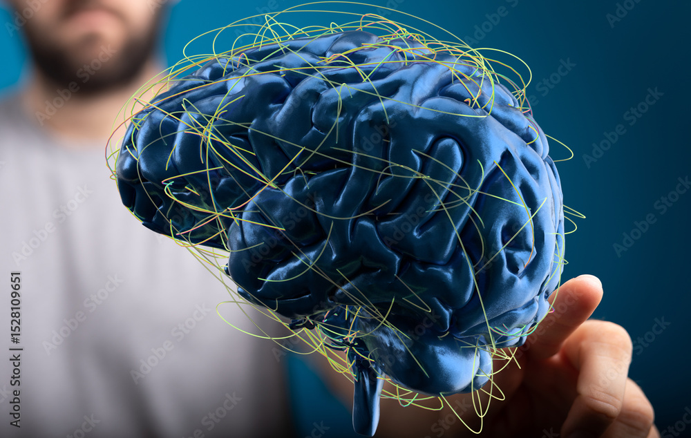 Aufkleber 3D rendering of human brain with neural network connections.  Concept for AI, neuroscience, or technology.