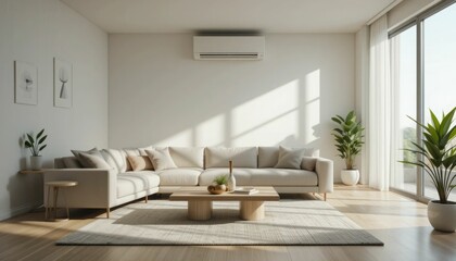 A minimalist living room with a breeze from the air conditioner