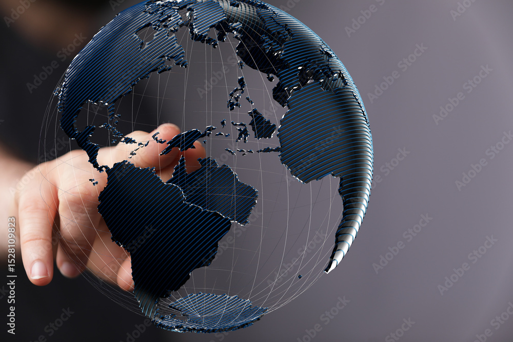 Poster High-quality stock photo of a hand interacting with a digital 3D model of planet Earth, representing global connectivity and networking.