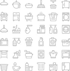 Collection of household items and appliances in outline style illustration
