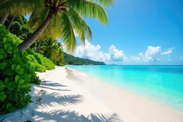 Fototapeta premium Sun-drenched white sand beach, turquoise water lapping gently at the shore, lush tropical vegetation framing the idyllic scene Perfect for vacation or travel themes , paradise, stunning, tranquil