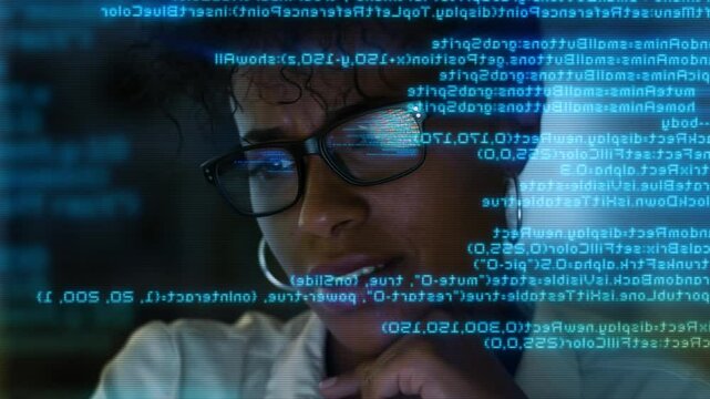 African American Female Software Developer Working on Computer, Line of Code Projected on Her Face. Augmented Virtual Reality. Futuristic Technology.