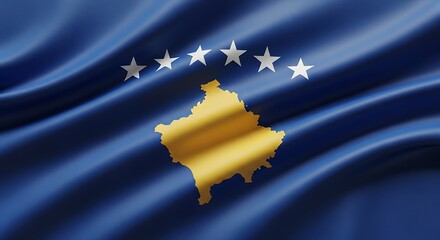 Kosovo's national flag, a deep blue field with a map of Kosovo in gold and six white stars.