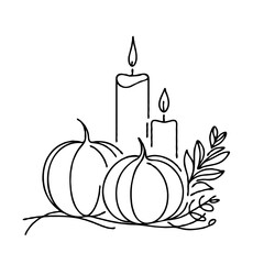 Pumpkin and candle line art with foliage decoration on white background  
