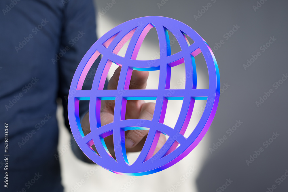 Fototapete Abstract image of a hand interacting with a vibrant 3D global network icon, symbolizing connection and technology.