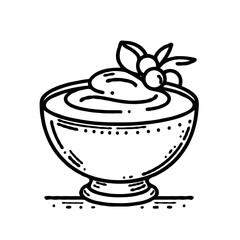 Creamy dessert in a bowl topped with berries and mint leaves  