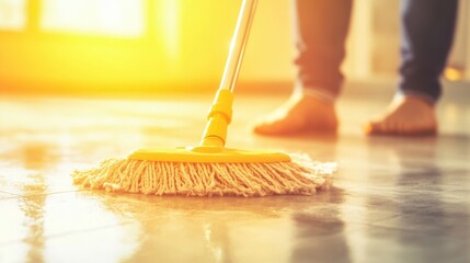 Floor cleaning process during bright morning sunlight in a home environment