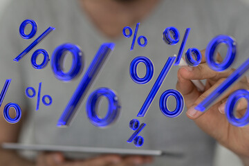 A person uses a tablet to calculate percentage discounts. Ideal for finance, sales, and business.