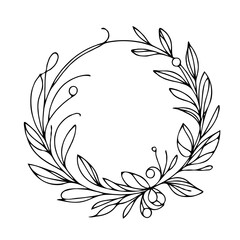 Minimalist hand-drawn floral wreath design in black line art  
