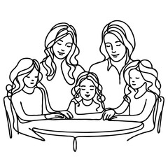 Group of women and girls sitting around a table with hands joined  
