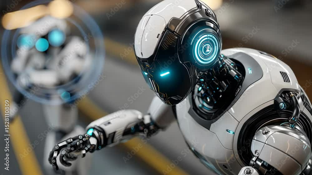 Poster robots engage in advanced tasks in a futuristic environment showcasing innovative technology at work