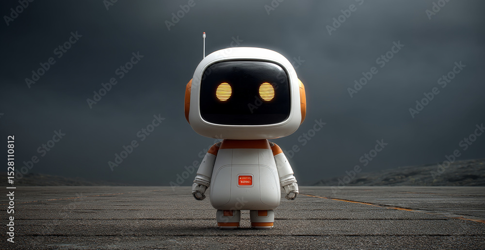 Aufkleber A small robot stands ready on a barren planetary surface, equipped for exploration. Its illuminated eyes scan the environment, indicating active engagement in a mission to gather data and search.
