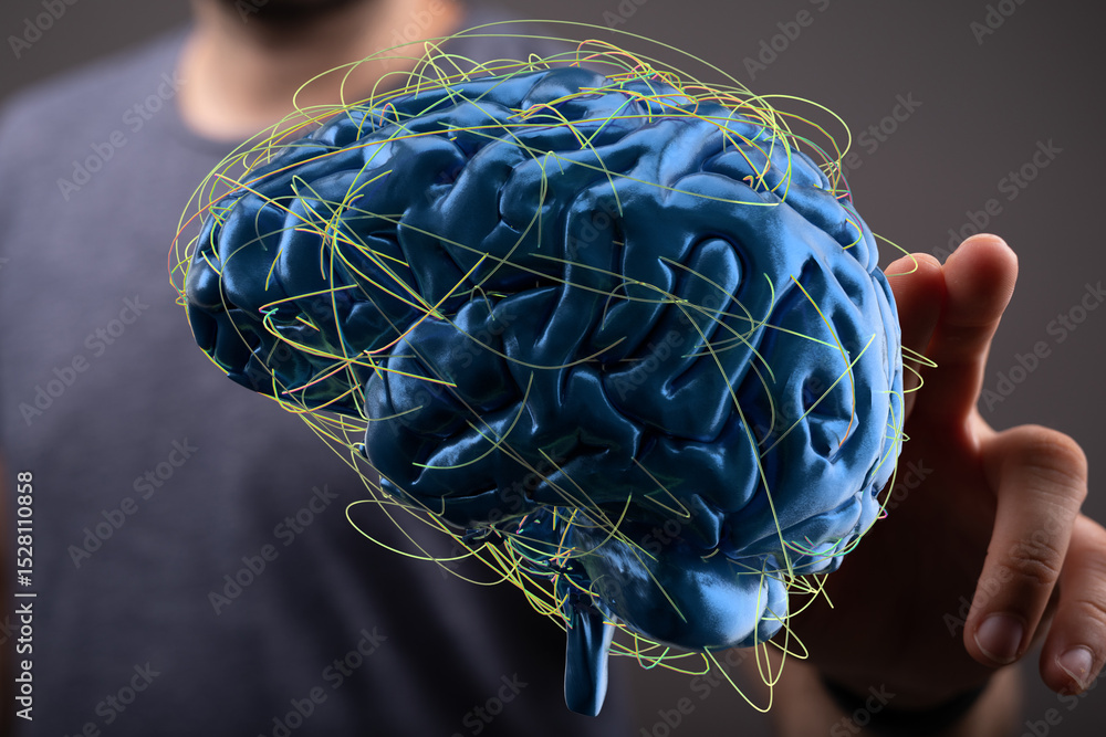 Aufkleber 3D rendering of a human brain with glowing neural network connections.  Ideal for AI, neuroscience, or technology concepts.