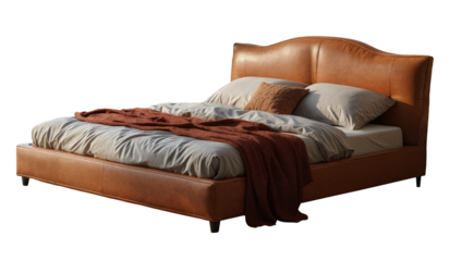 brown leather bed in modern loft style. Isolated PNG