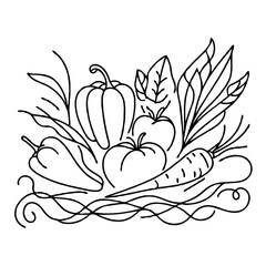 Line art illustration of assorted vegetables in a basket  