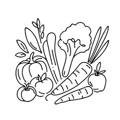 Fresh vegetables including carrots, tomatoes, broccoli, and greens  