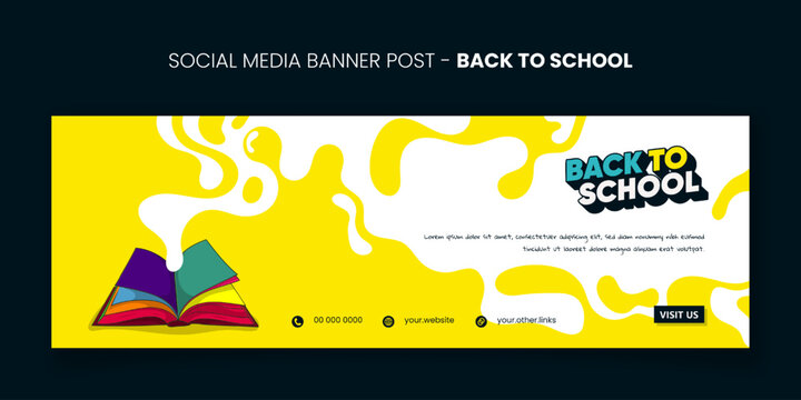 Back to school. banner template design with colorful open book and flat smoke in yellow background