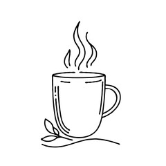Simple line drawing of a steaming cup of coffee with leaves  