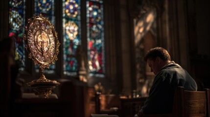 Obraz premium A person sits in quiet contemplation, gazing lovingly at the exposed Eucharist in the monstrance. The deep colors of the stained glass window behind them add a sense of solemnity to