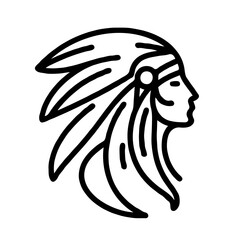 Native American chief profile with feather headdress in line art  