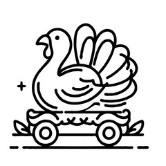 Line art turkey on a cart with decorative wheels for fall decor  