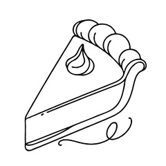 Slice of pumpkin pie with whipped cream on top in minimalist line art  