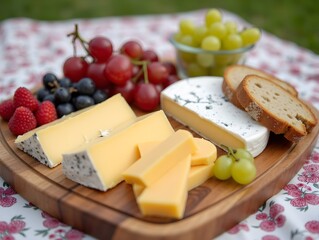 Cheese board with various cheeses bread grapes and berries on a wooden tray placed on a patterned blanket outdoors close up shot.