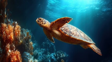 Fototapeta premium In the , a coral reef is shown with many different fish and a sea turtle, all in a colorful environment