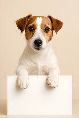 A charming Jack Russell Terrier peeking over a blank sign.