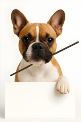 French Bulldog holding a stick and blank sign