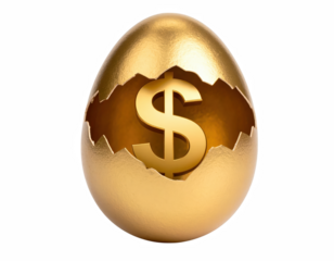 A stunning golden egg containing a bright gold dollar sign inside as a visual metaphor for financial wealth, opportunity, and abundance isolate on transparent background