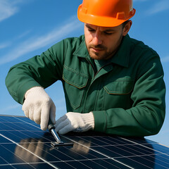 Solar Panel Technician Installing and Cleaning Panels on a Sunny Day