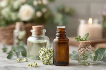 Artistic Arrangement of Essential Oils with Natural Elements and Soft Background