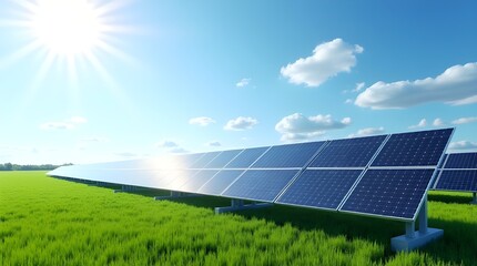 Solar Panel Array in a Lush Green Field Under a Bright Blue Sky