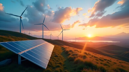 Renewable Energy Landscape Wind Turbines and Solar Panels at Sunset