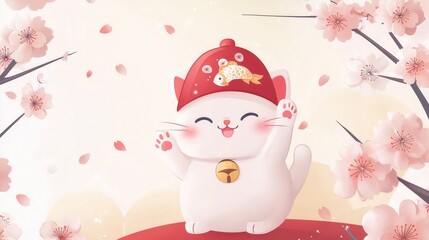 A lucky cartoon cat in a red fish hat celebrates under cherry blossoms.