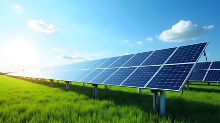 Solar Panel Array in a Lush Green Field Under a Bright Sky