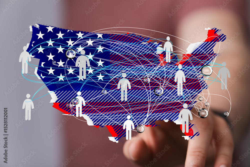 Poster US map showing interconnected people, representing networks and communication.