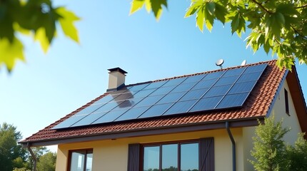 Solar Panels Installed on a Residential House Roof for Sustainable Energy