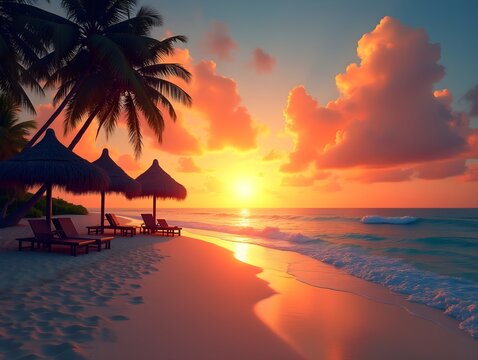 Serene Beach Sunset with Tiki Huts and Glowing Horizon - Perfect for Travel Posters