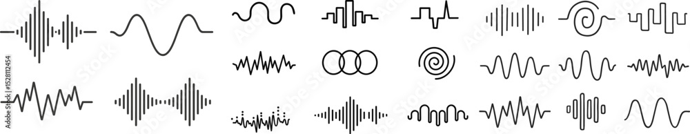 Poster vector illustration of various audio waveforms and sound signal icons in black. includes linear, abs