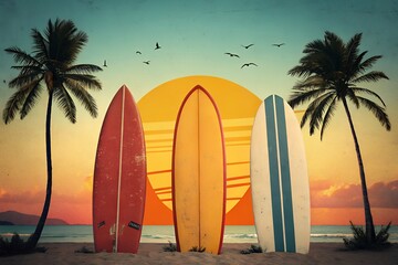 Vintage Surfboards at Sunset A Retro Beach Illustration