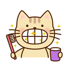 歯みがきをして歯が綺麗になったかわいいネコのイラスト