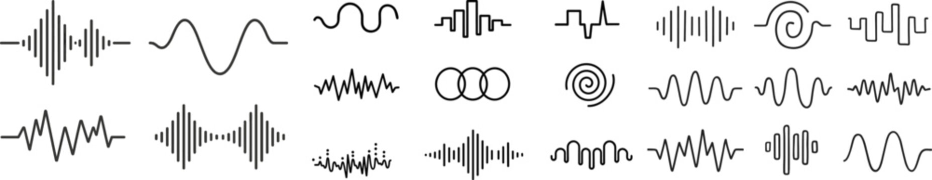 Vector illustration of various audio waveforms and sound signal icons in black. Includes linear, abstract, bar, and sinusoidal styles for music, voice, and tech-related designs.