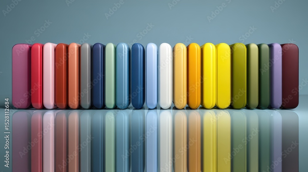 Poster colorful rectangular blocks arranged in a row reflecting on a surface a vibrant spectrum of hues