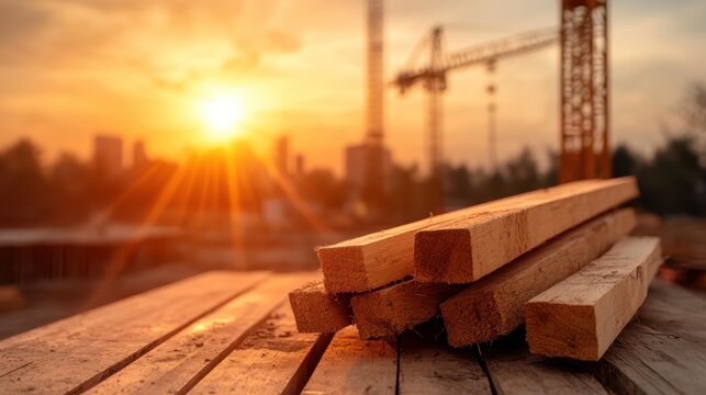 A stunning sunset illuminates stacks of wooden beams on a construction site, showcasing the beauty of nature mingling with urban development and industry.