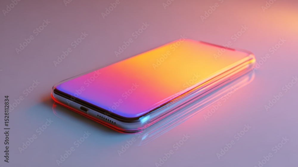 Poster modern smartphone with vibrant gradient screen display on reflective surface